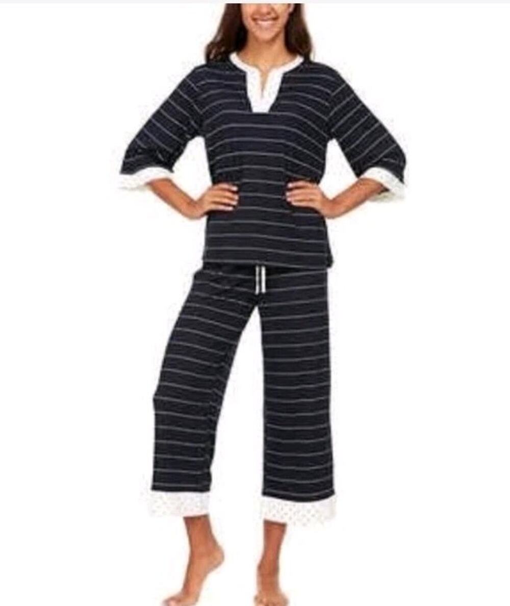 Flora Nikrooz Sz S Cropped Womens Pajama Set Pockets navy Stripe Dot Super Soft
